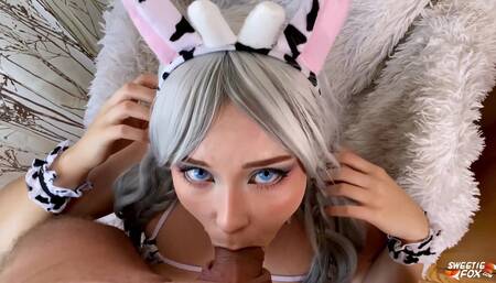 Girl in Cow Costume Sucking Dick and Fucking - Creampie