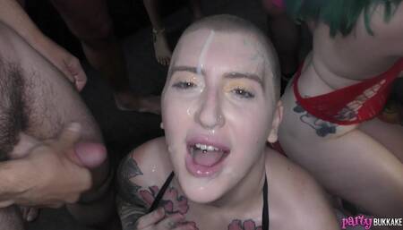 Bukkake facials with shaven headed Pixie Peach and  Ruby Fall