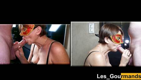 Masked MILF gives a blowjob & swallows the cum to spit it into her hands & lick it greedily 2 views