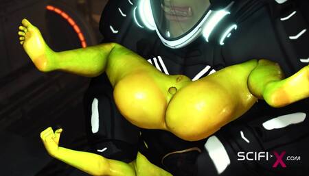 Alien sex in a starship. Female green alien gets fucked by a big monster