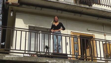 Mistress Olga and Natasha look at the scenery while stepping on the servant's tail