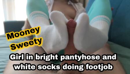 Girl in bright pantyhose and white socks doing footjob