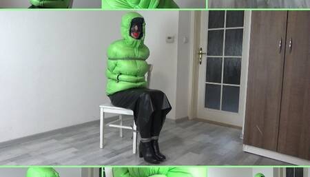My amateur bondage, January, 19, 2023: Green down jacket and long leather skirt
