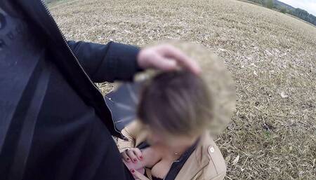 MILF in stockings skirt and sexy lingerie outdoors, gives her husband a blowjob and swallows his cum