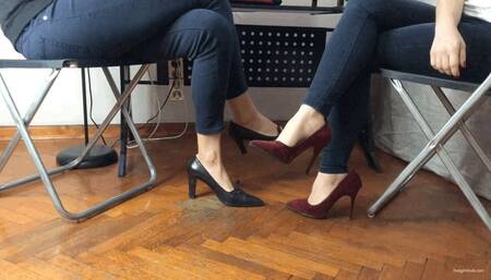 TWO GIRLS SHOEPLAY IN HEELS UNDER OFFICE DESK - MP4 HD