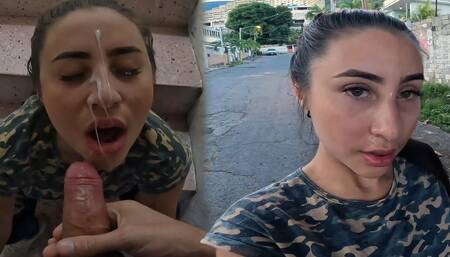 Cum walk after being throat fucked in an alley!