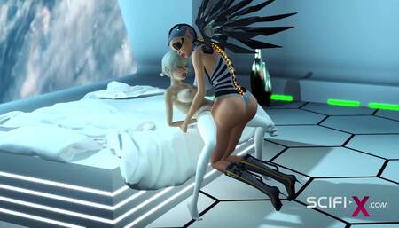 Cyber angel dickgirl fucks a sexy blonde in the space station