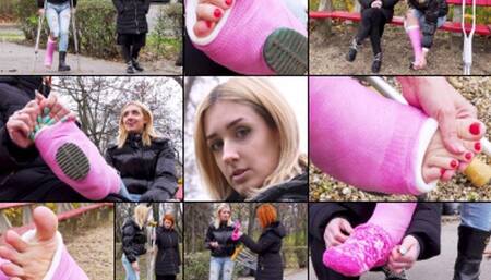 Sofi SLWC Crutching and Gimping in the Park with Foot Massage with and without Cast Sock (in HD 1920X1080)