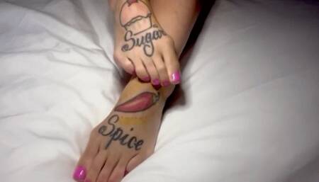 Sexy Naked Tattooed Feet Slipping and Sliding on The Sheets - Sugar and Spice Feet - HD
