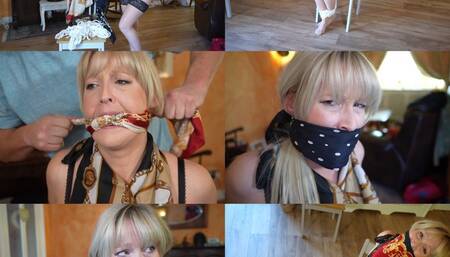 Anna chair tied and triple scarf gagged with her favourite scarves (mp4)
