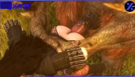 Йеннифэр трахают в лесу огромным членом монстр из пещеры