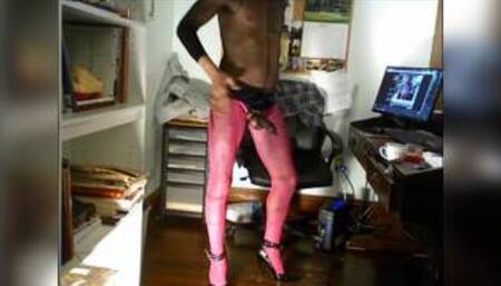 ROBERT MILGATE - PINK FISHNET PANTHOSE OVER A SHEER BLACK BODYSTOCKING
