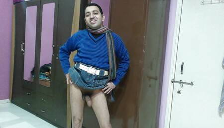 Hot sexy boy in a demim skirt showing his dick.