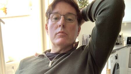 Jerking by the kitchen, intense orgasm, cum on pants