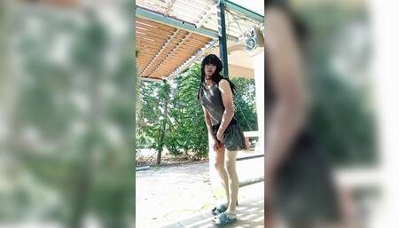 Showing my sweet dick in panties outdoors