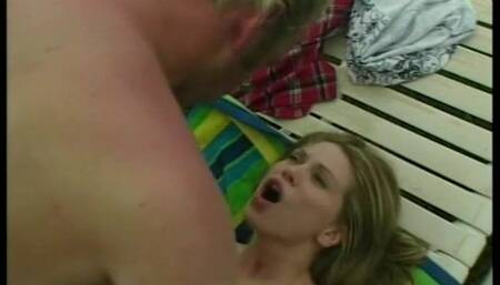 Beautiful teen girl rides a big cock by the outdoor pool