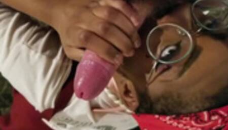 Black Barbie eagerly goes to town on a White Doms cock. CUMSHOT INC.