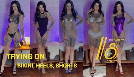 Trying on swimsuits, booty shorts and high heels part 1