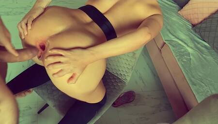 Double penetration of both holes of the little bitch