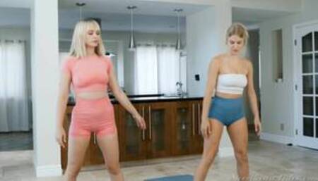 Lilly B and Jazlyn R first in a lesbian workout scene and then in a lesbian scene