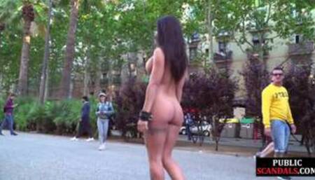 Submissive babe exposed outdoor in public by domina