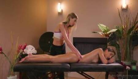 Abella D and Haley R in a lesbian massage scene together