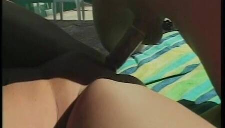 Busty blonde takes boyfriend's cock by pool and gets a big facial blast of jizz