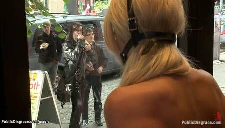 European blond bound in shop window