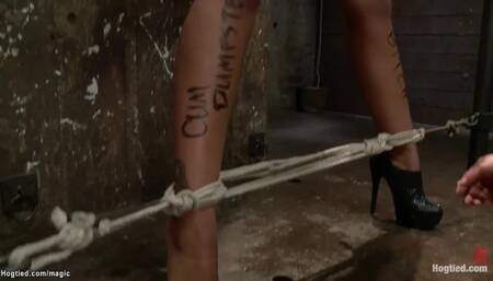 Hogtied lesbian anal hooked on ground