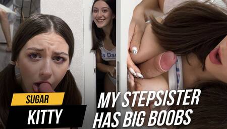 Big tits stepsister caught stepbrother masturbating! A girl get horny and help him two times cum on boobs!