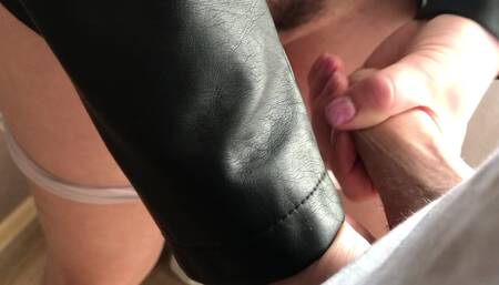 At lunchtime, the boss milks my dick. She wants me to cum in her panties. Office sex games. Amateur video.