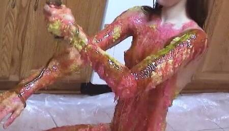 Horny bitch in the kitchen is playing around in the food coloring and syrup