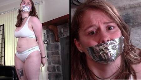 Darcy- Handcuffed Redhead, Duct Tape Gag, White Bra, Panties