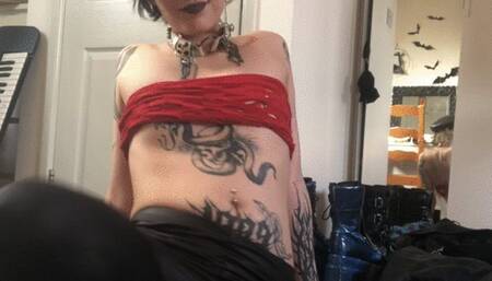 Goth Domme laughs at your dick, cucks you and humiliates you with feet in tight leggings