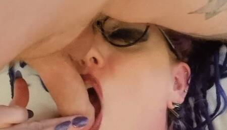 Cum on my face, MILF wearing glasses and red lipstick