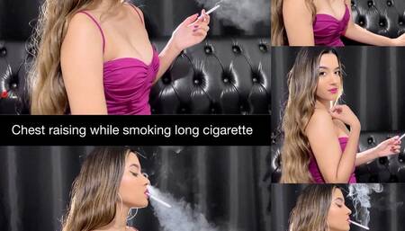 Chest raising as I smoke a long white cigarette side view close up! In my beautiful pink dress!