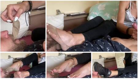 Sniffing smelly nylon ped socks after gym and handjob with strong cum