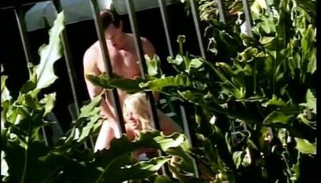 Horny blonde busty chick fuck in backyard from behind