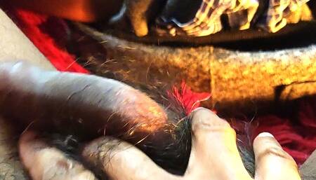 Stroking my very hairy uncut bush!