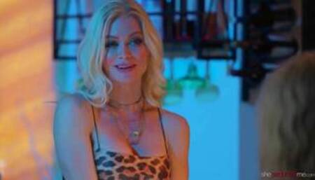 Serene S and Jill K inside a bar room in several different lesbian scenes together