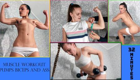 Muscle Workout Pumps Biceps and Ass - Muscular Woman - Ass Worship - Firm Ass - Dumbbell Workout - Strength Training - Arm Wrestling - Strong Female Arms - Body Stretching - Naked Workout - Gym