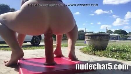 Pawg riding dildo outside her house