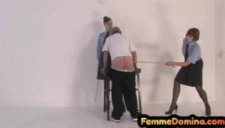 Bondage dominant BDSM ladies whip male ass in threesome