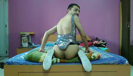 Sexy sissy crossdresser Sweet Lollipop exercising in sexy bodysuit.