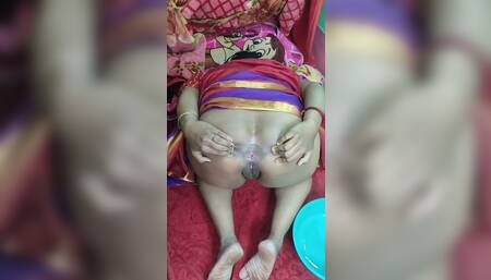 BBW Indian stepmom peeing herself and Strips in red Sharee