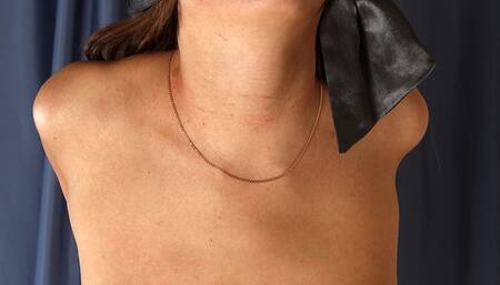 Cleavegagged topless barefoot Gloria in only black panties, bound to the wooden post, is being played with her friend (HD MOV)