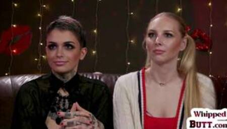 Inked lezdom whips feet of blindfolded GF after casting