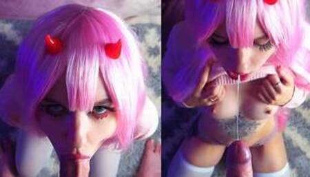 Zero Two sucks cock and gets cum on face - Sunako_Kirishiki