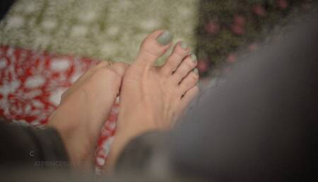 pale green polished milf toes and arches, then hot wrinkled soles show, foot fetish