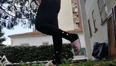 Beautiful italian milf dirty slippers in the garden 4K